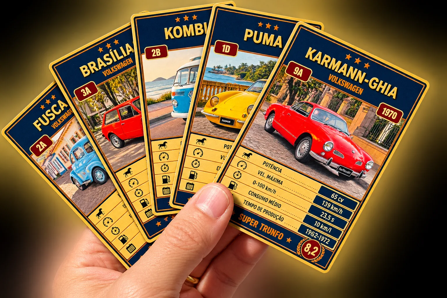 Cartas do Trunfo de Carros Antigos abertas em uma mão