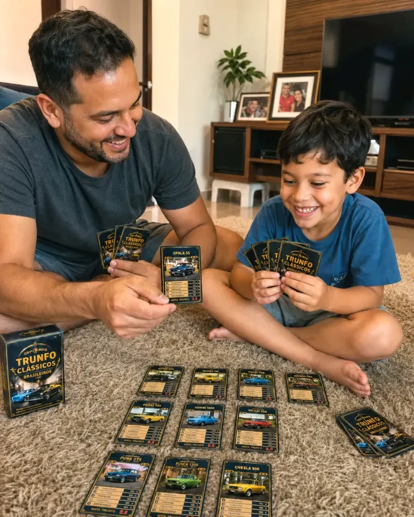 Pai e filho jogando Trunfo de Carros Antigos